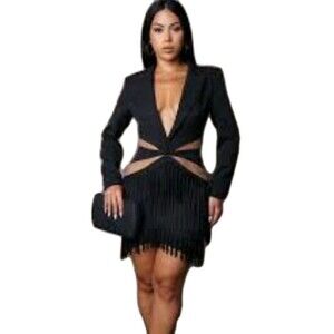 Blithe Blazer Dress Fringe Bodycon Sheer Panels Size S Goth, Punk, Rave